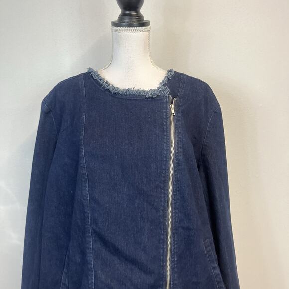 DG2 Diane Gilman Denim Jean Jacket Plus size 3X Stretch Frayed Zip Front Peasant - Picture 2 of 10